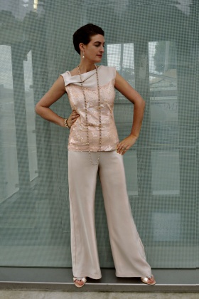 Kate Henry Designs - Blush Sequin and Silk bodice top with Wide Leg silk trousers
