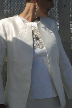 Kate Henry Designs - Ivory silk tailored jacket with rhinestone detailed bodice